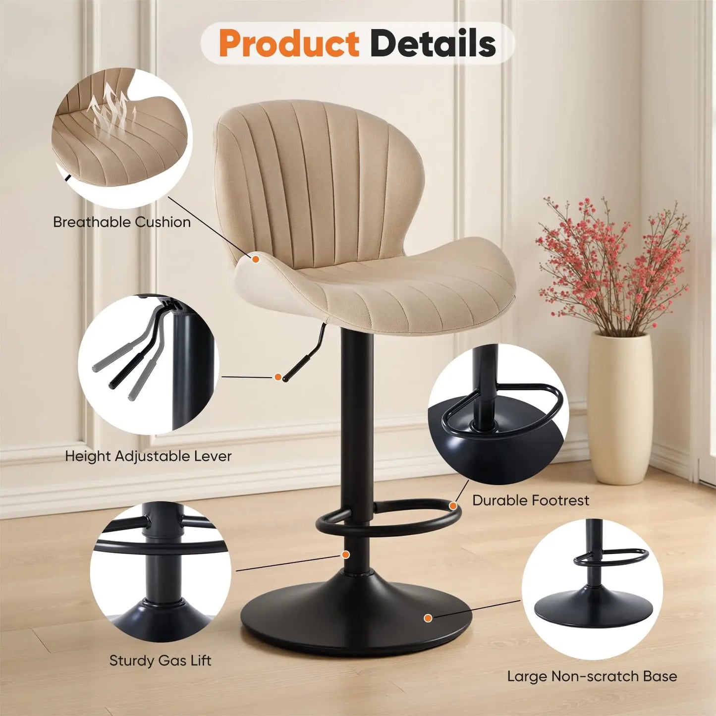 JHK Ergonomic Modern 360° Swivel Dining Chairs Set of 2 Adjustable Fabric Upholstered Kitchen Chairs with  For Kitchen Island