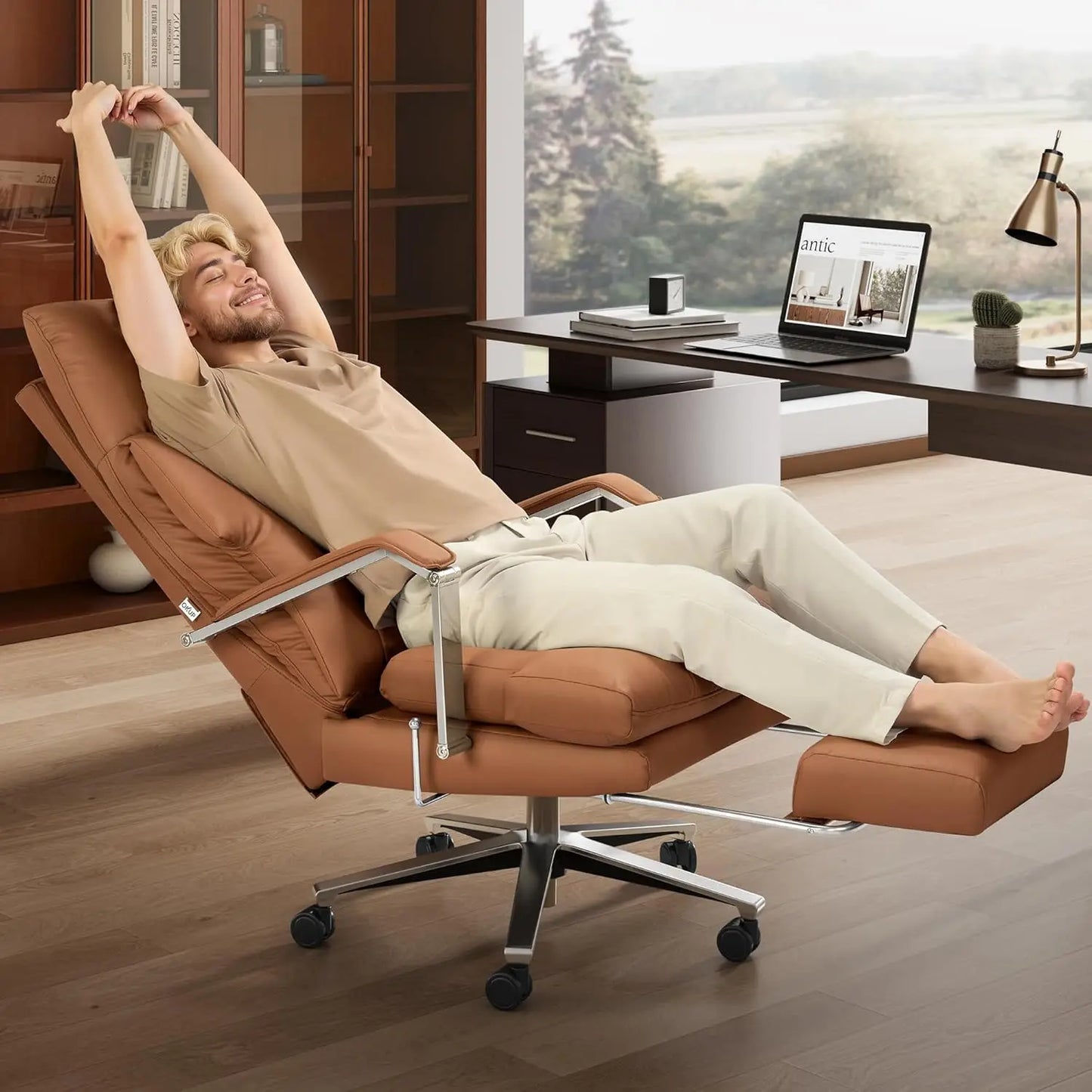 Reclining Office Chair with Footrest - 25.6" Wide Seat & Adjustable Seat Depth, Big and Tall High Back Leather Executive Home