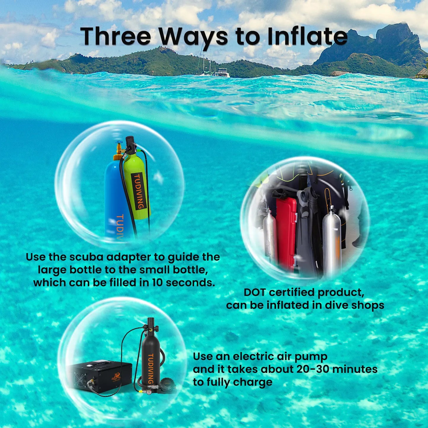 TUDIVING-2L Portable Scuba Diving Tank Support 30-45 Minutes Breath,4500Psi Scuba Diving Cylinder,Refillable Scuba Bottle