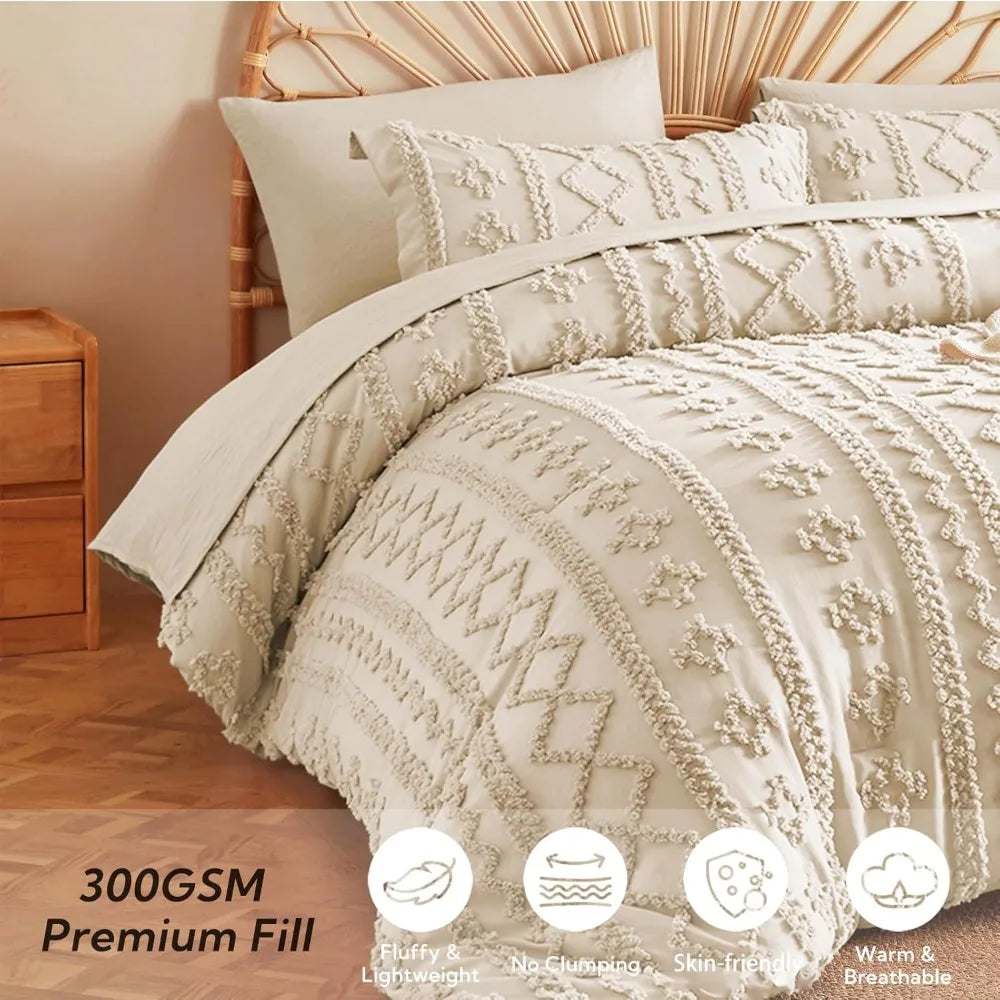 Beige Comforter Set Queen, Tufted Boho Bedding Set, Farmhouse Bed in a Bag Set 7 Pieces with 1 Comforter, 2 Pillow Shams