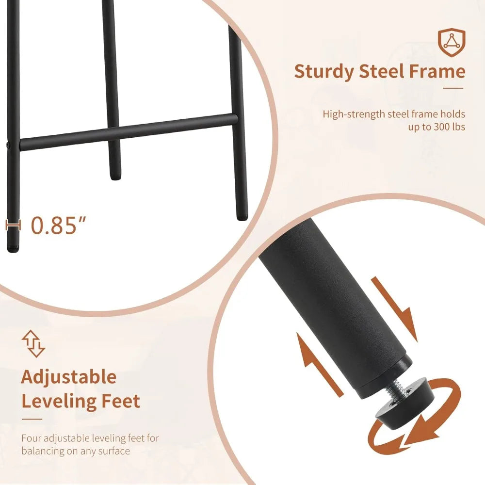 24'' Bar Stools Set of 2, Modern Boucle Counter Height Bar Stools with Curved Back and Black Metal Frame,