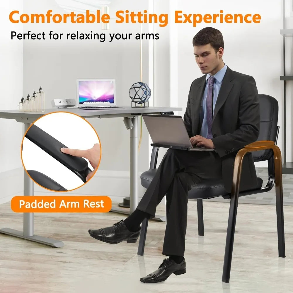 Waiting Room Chairs with Padded Arms Leather Guest Chair no Wheels for Office Reception and Conference Desk Black