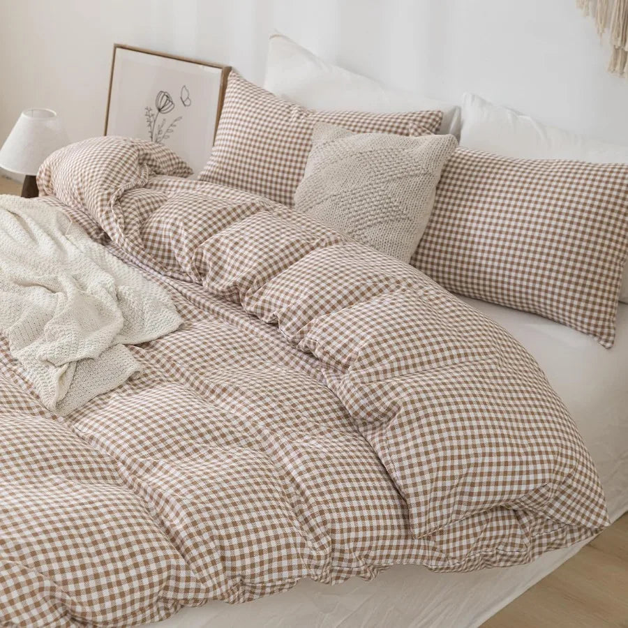 Tan Gingham Duvet Cover Bedding Set Prewashed Extra Soft Comfy Breathable 3 Piece Brown Plaid Checkered Grid Vintage Comforter