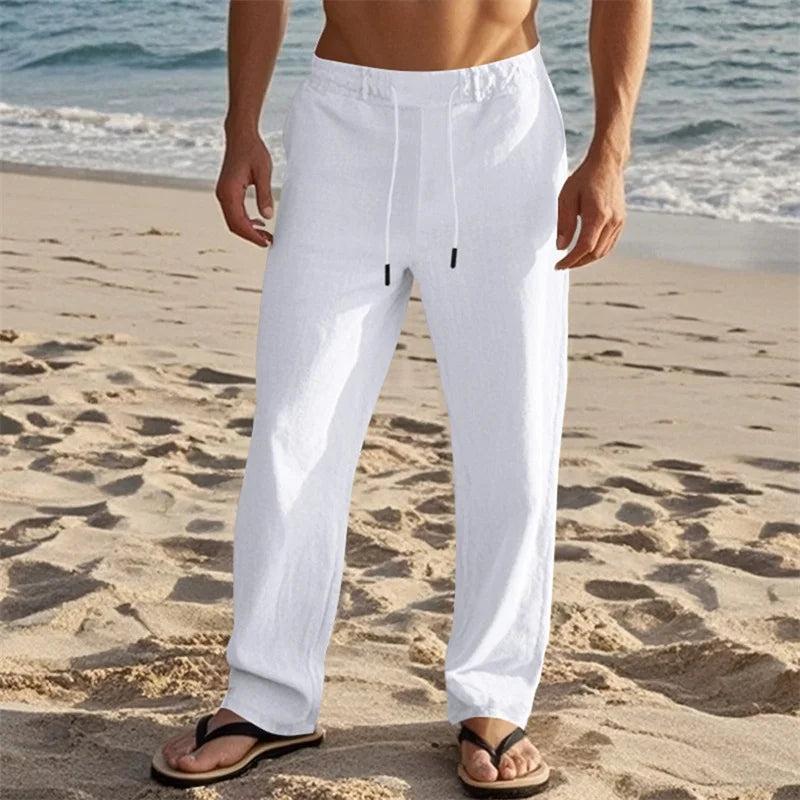 Men s Lightweight Drawstring Linen Pants with Pockets Comfortable Straight Leg Casual Trousers for Summer Beach Wear
