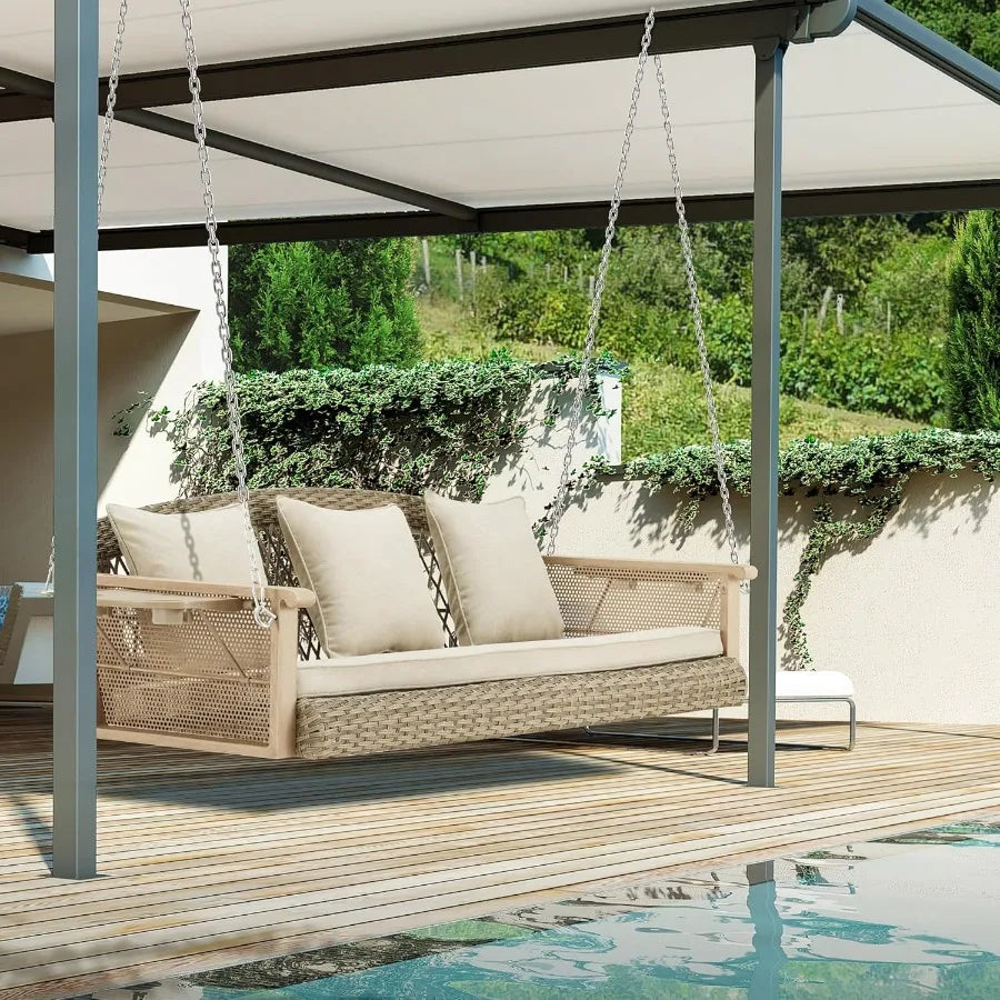 3Person Wicker Porch Swing with Upgraded Cup Holder 55 Inch Patio Hanging Swing Bench Chair with Cushions 900lbs Capacity Chain