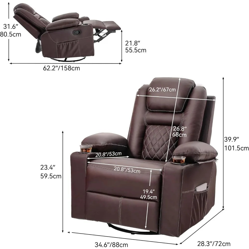 Swivel Rocker Recliner Chair with Massage & Heat, 360° Rotation Rocking Recliner, Faux Leather Manual Recliner with Cup