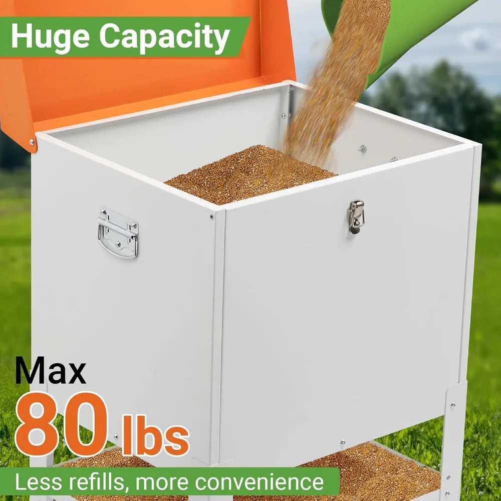Chicken Feeder, 85LBS Capacity Metal Poultry Feeder (18” x 15.1” x 29.5”) for 16 Chickens, Powder-Coated Steel Feeder w/Waterpro