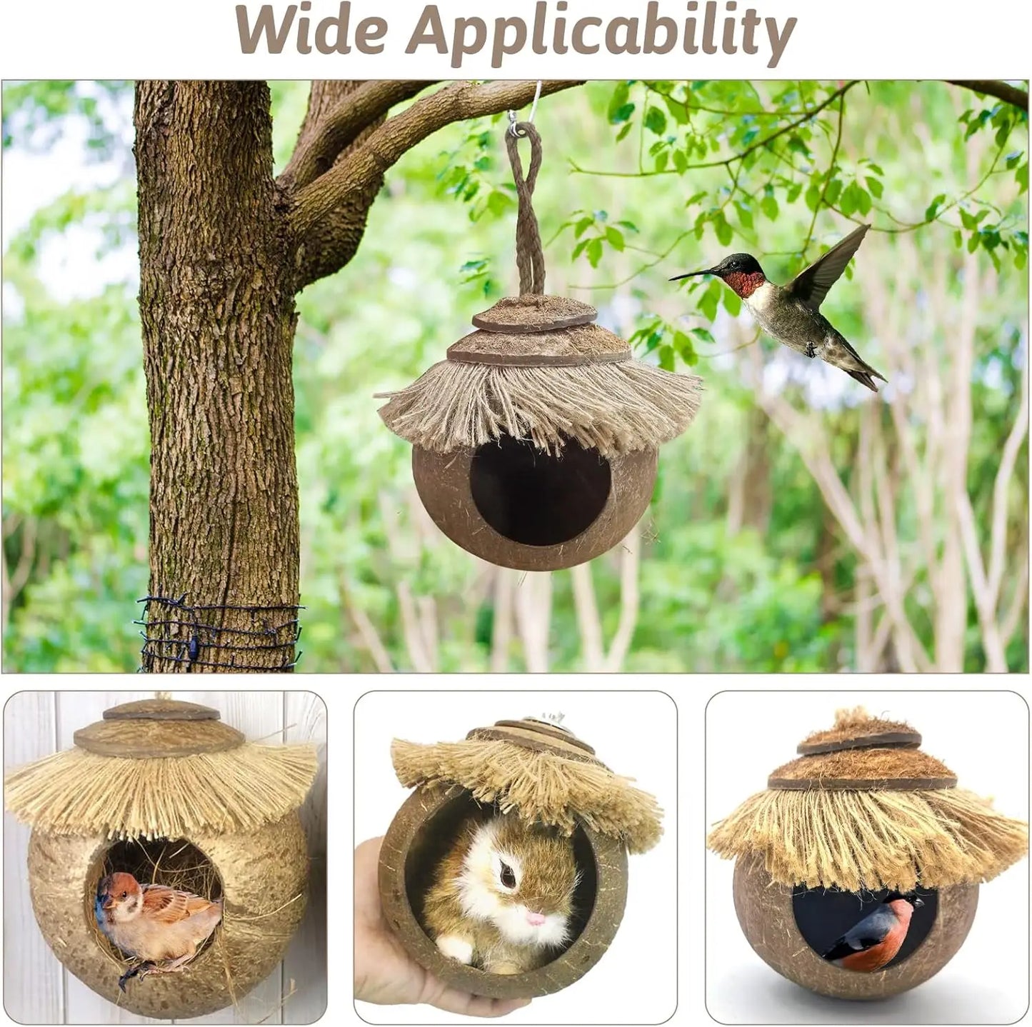 Coconut skin with rings, natural coconut fiber hanging birdcage, parrot coconut shell breeding house