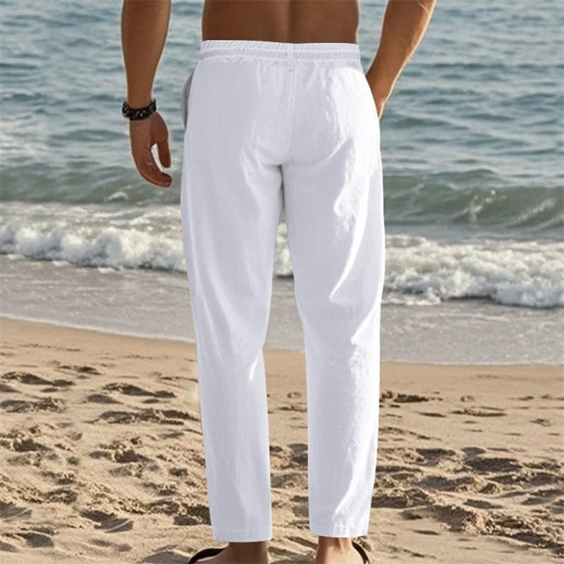 Men s Lightweight Drawstring Linen Pants with Pockets Comfortable Straight Leg Casual Trousers for Summer Beach Wear