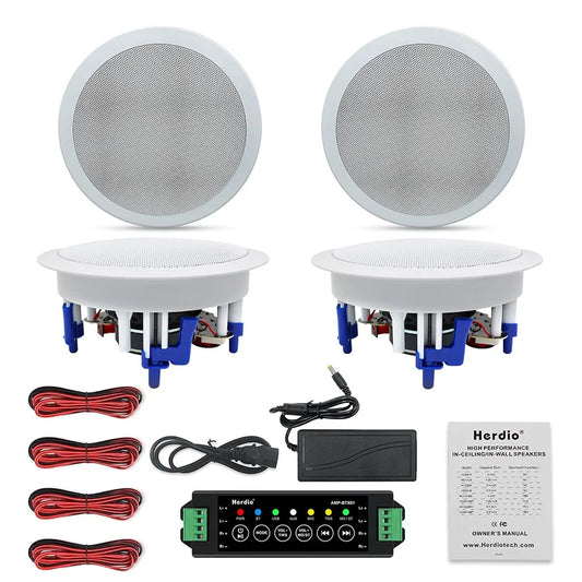 Herdio 5.25” 4PCS Flush Mount Bluetooth Ceiling Speaker System Max Power 600W Great For Humid Indoor Outdoor Kitchen Bedroom