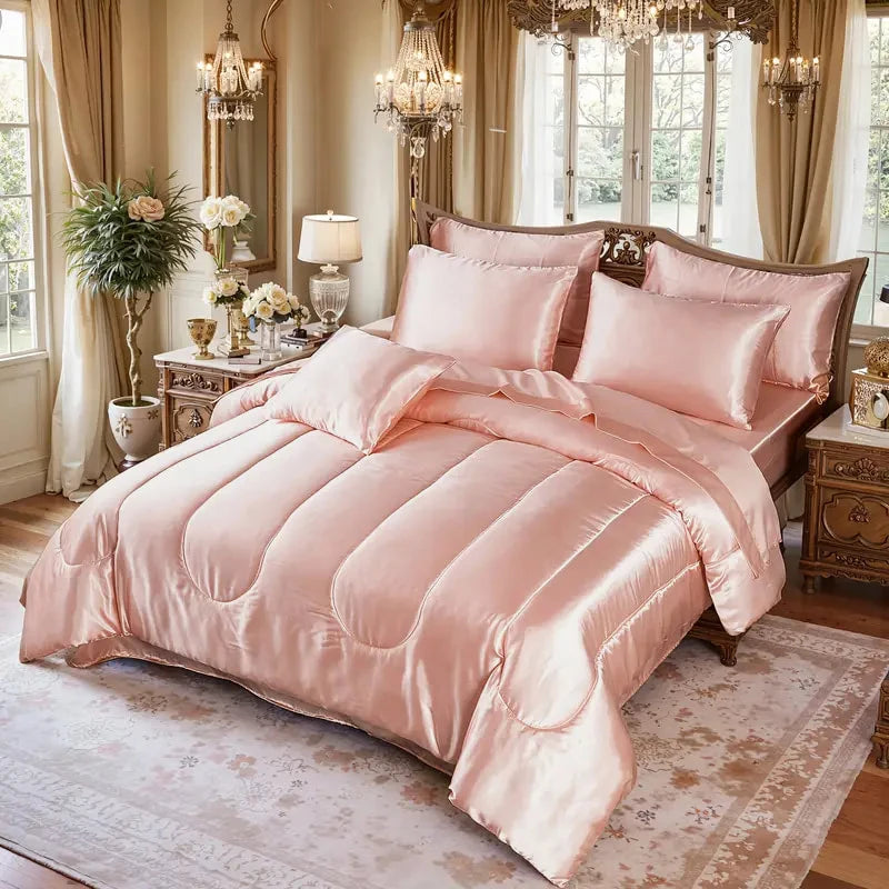 3pcs Reversible Silky Bedding Set, Luxury Soft Satin Comforter with 2 Satin Pillowcases, Lightweight Duvet Insert for All Season