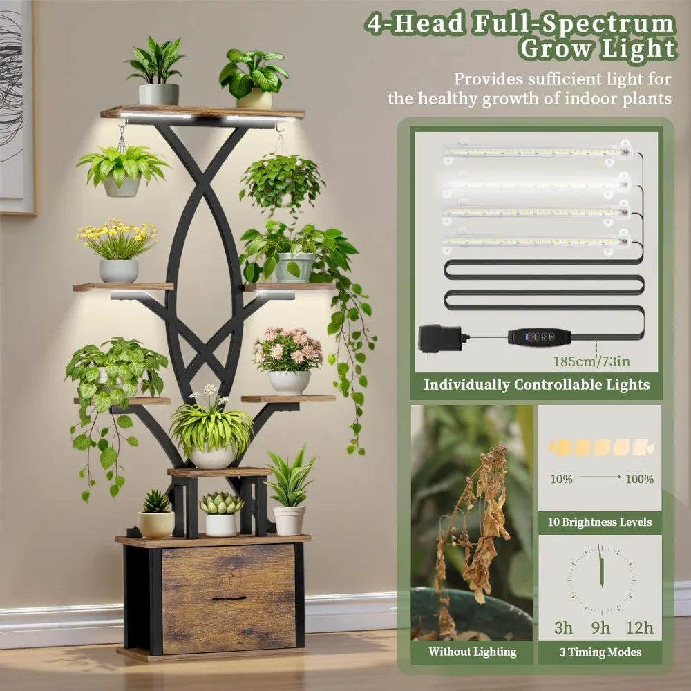 Stand Indoor with Grow Lights - 8 Tiered Plant Shelf with Storage Drawer, 65' Tall Plant Shelf with Grow Light & 2 Hooks, Co