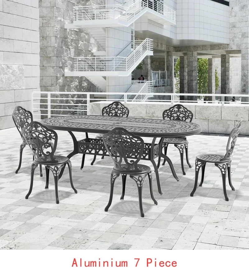 9-Piece Outdoor Dining Set, All-Weather Cast Aluminum Furniture, Black Frame