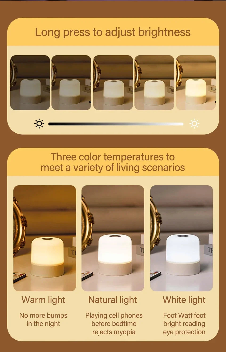 Rechargeable Led Night Light with Remote Control Touch Switch Table Lamp for Reading Bedroom White RGB Color Dimmable Portable