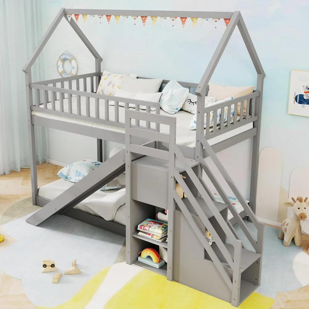 Wood Twin Over Twin Bunk Bed with Slide & Staircase, Twin House Bunk Bed with Safety Guardrails Storage, Floor House Bed Wooden