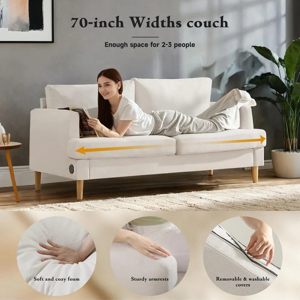Beige 70" Loveseat Sofa with USB Type C Ports for Living Room, Bedroom, Office, and Apartment