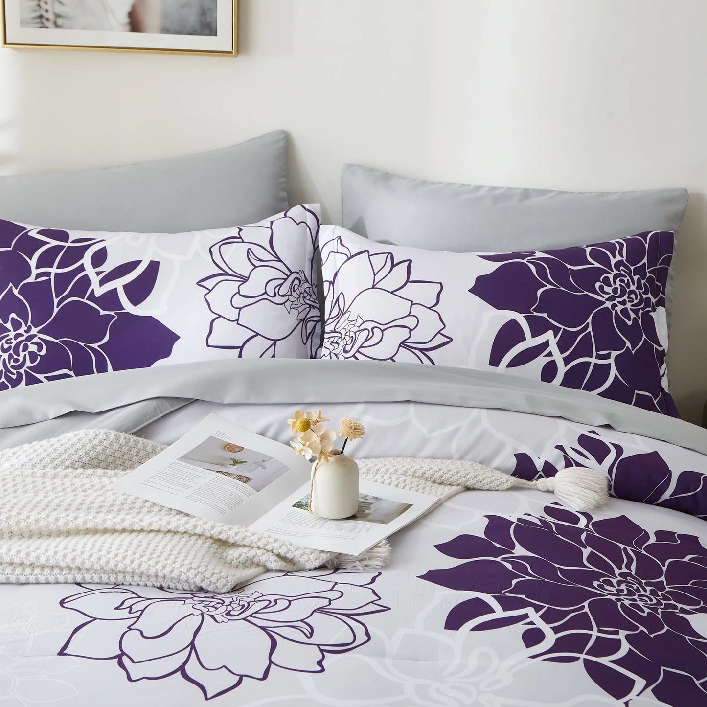 Comforter Set - 7 Pieces Floral Bedding Sets with Reversible Botanical Flowers Comforter, Sheets, Pillowcases & Shams