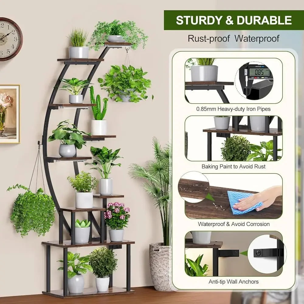 Indoor Plant Stand with Grow Lights 9 Tier Metal Shelf Flower Pots and Home Decor Display