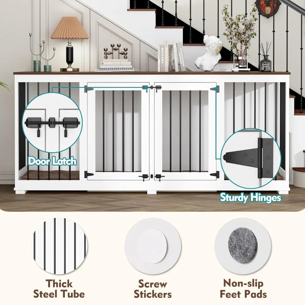 70.9" Large Double Dog Crate Furniture, Wooden Dog Kennel House with Divider & 2 Trays, for Large or 2 Medium Breeds Indoor