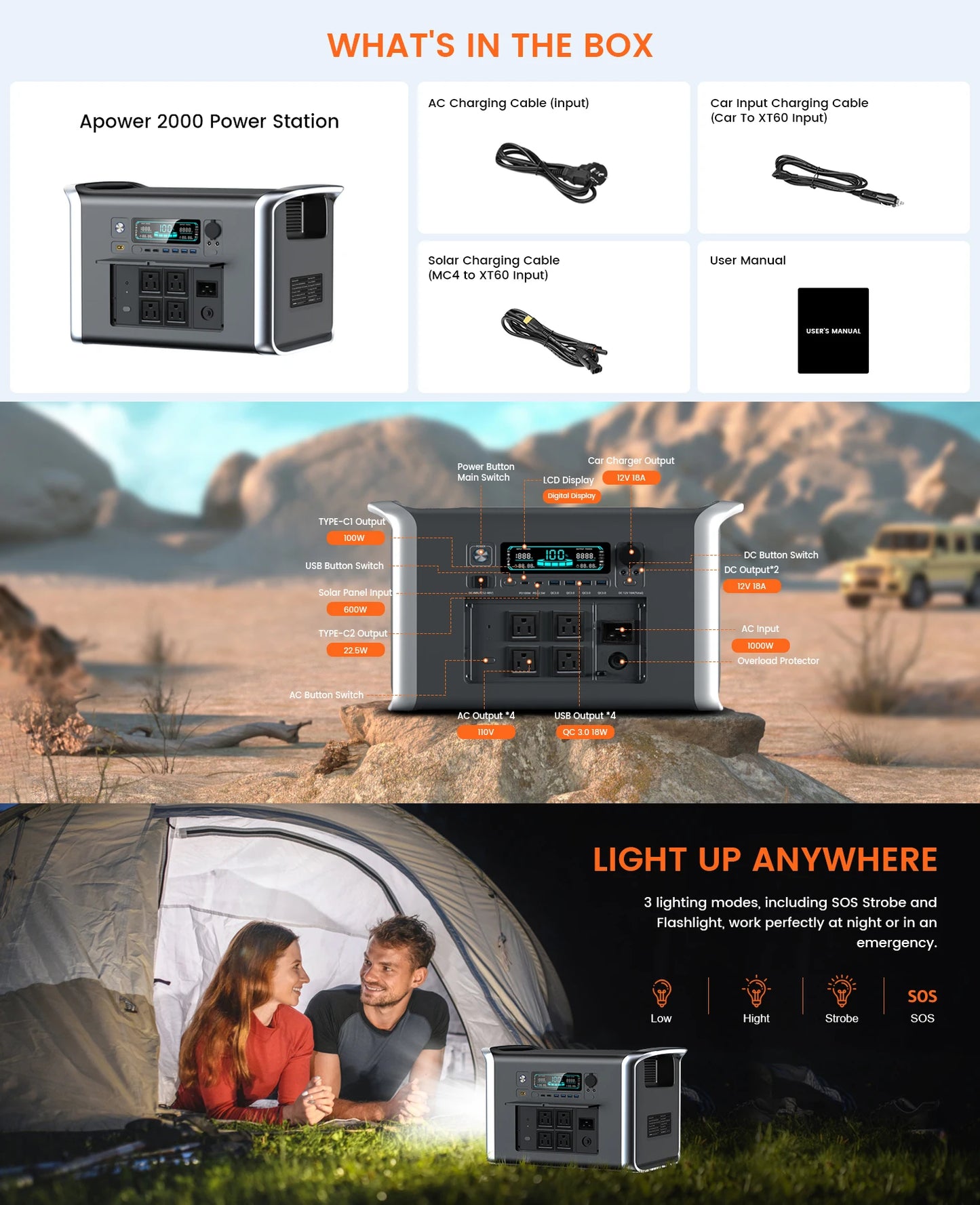 2400W /1600W / 500W Portable Power Station, 2048Wh / 1024Wh /345Wh Lifepo4 Battery with 400W / 200W / 100W Foldable Solar Panel
