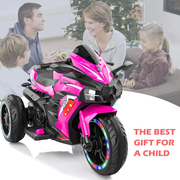 Electric Motorcycle for Kids, 12V Battery Powered Ride on Toys 3 Wheels Motorcycle with LED Lights and Music