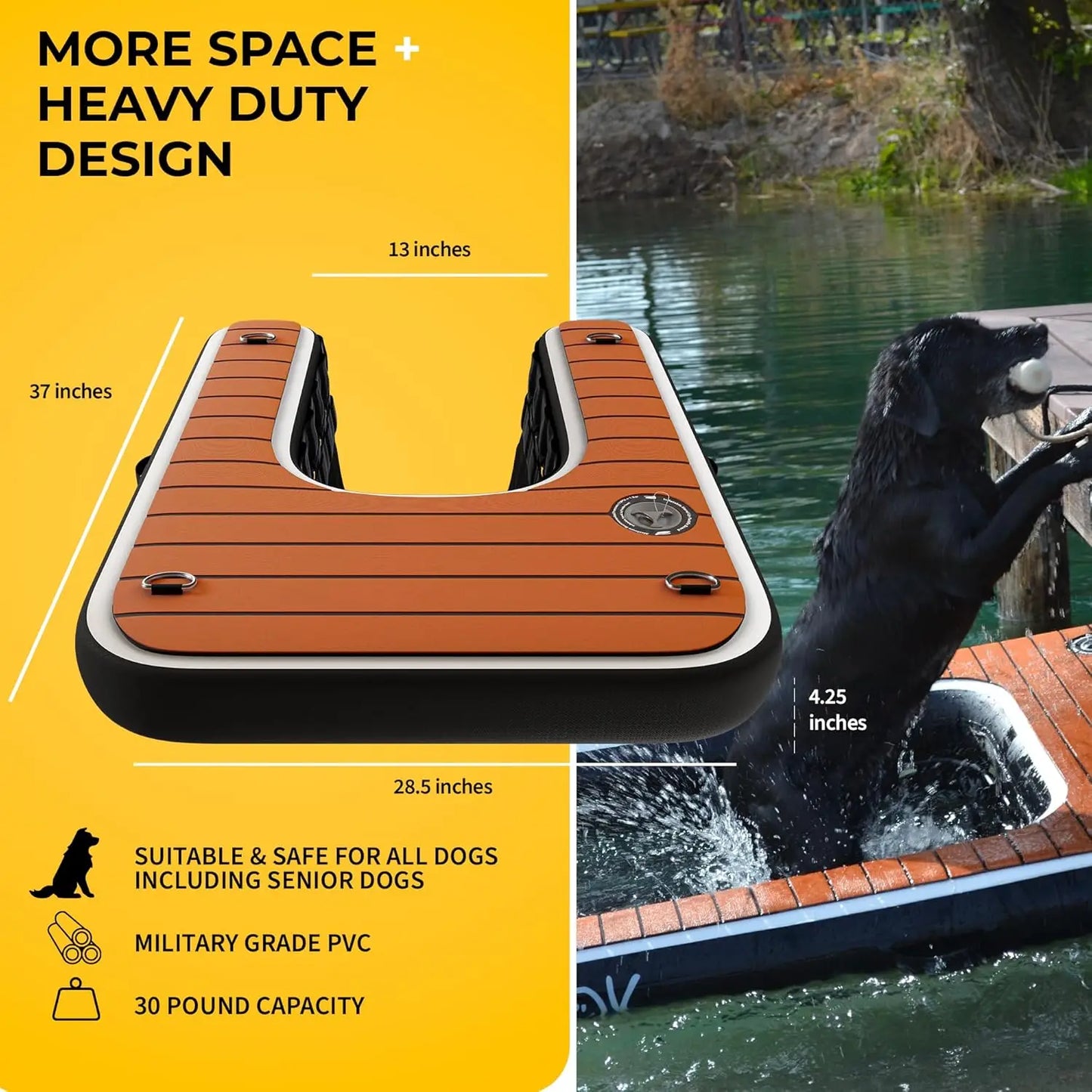 DOK Dog-DOK Inflatable Dock Platform: Safe & Easy Water Access for Dogs Up to 230 lbs; Floating Non-Slip EVA Foam with Dog Boat