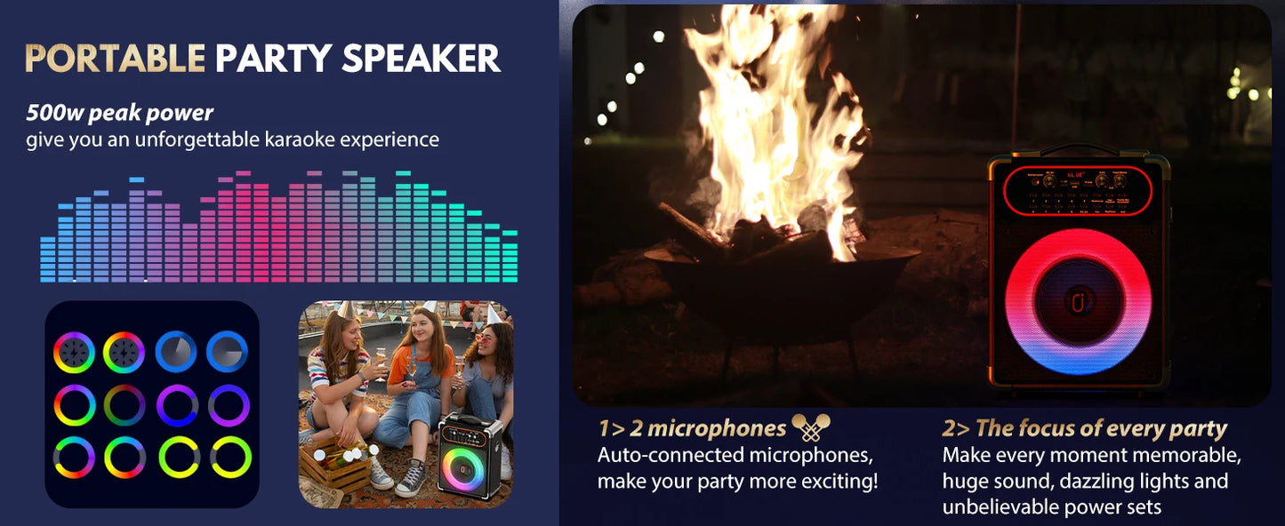 S68 Kara Ok with 2 Microphones, Portable Bluetooth 5.3 Kara Ok Speaker,Echo Adjustment, Supports Tv through Auxiliary Connection