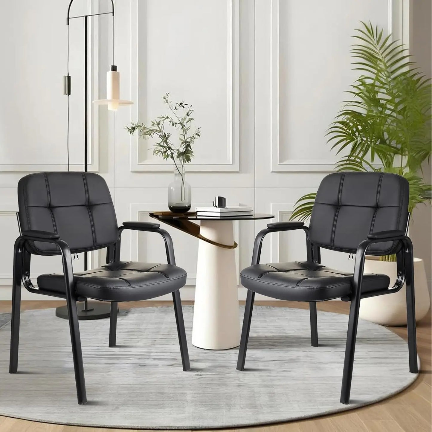 Waiting Room Chairs with Padded Arms Leather Guest Chair no Wheels for Office Reception and Conference Desk Black
