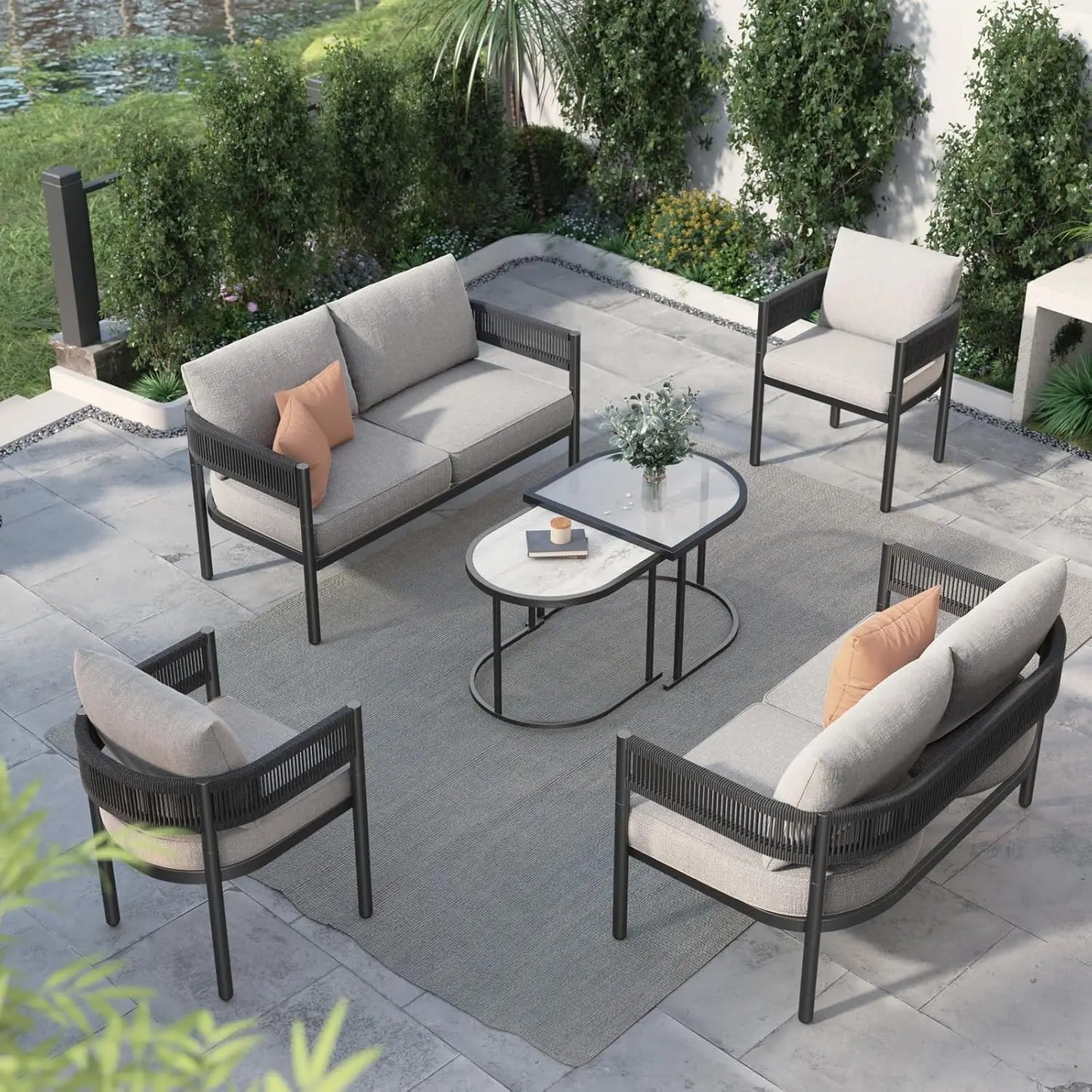 6-Piece Wicker Outdoor Furniture Set with Beige Thick Cushions and Coffee Table, Patio Sofa Conversation Set