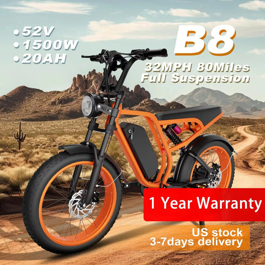 B8 Electric Bike: 52V 1500W Motor, 32MPH Top Speed, 80-Mile Range, Removable Battery