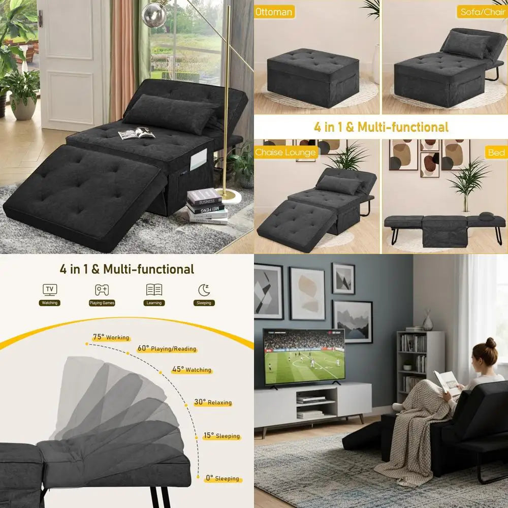 Convertible Ottoman Sleeper Chair with Adjustable Backrest and Pillow, Multi-Functional Sofa Bed for Comfortable Rest and Relaxa