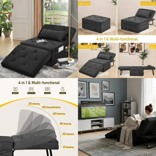 Convertible Ottoman Sleeper Chair with Adjustable Backrest and Pillow, Multi-Functional Sofa Bed for Comfortable Rest and Relaxa