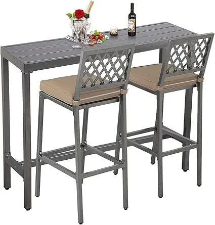 Outdoor Bar Chairs and Table, Metal Outdoor Bar Set, 3 Piece Patio Bar Table Set with Stools & Cushions for Backyard, Porch,