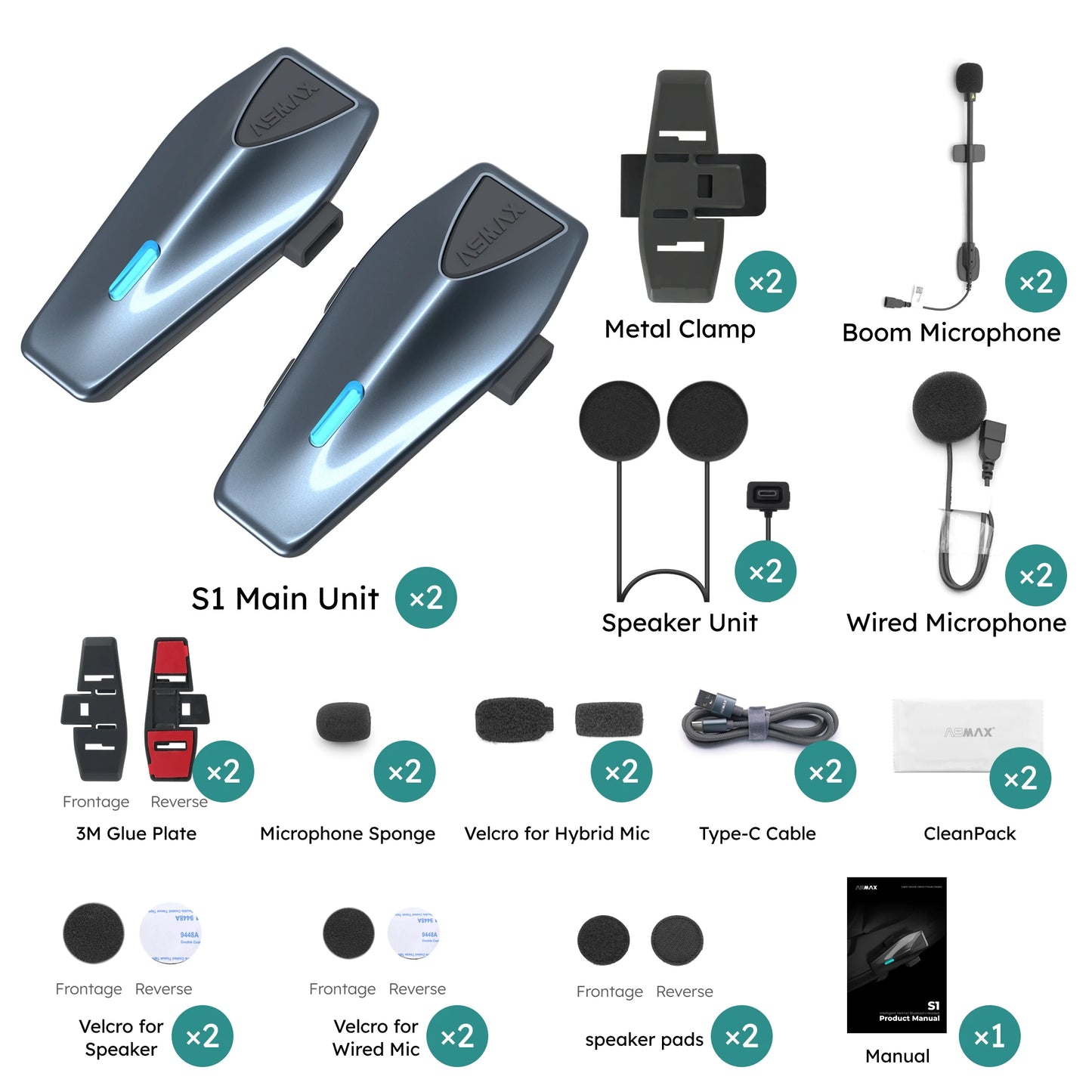 ASMAX Blue S1 Motorcycle Intercom Helmet Mesh Group Communication, Voice Control Bluetooth Headset for Snowmobile, Ski & ATV