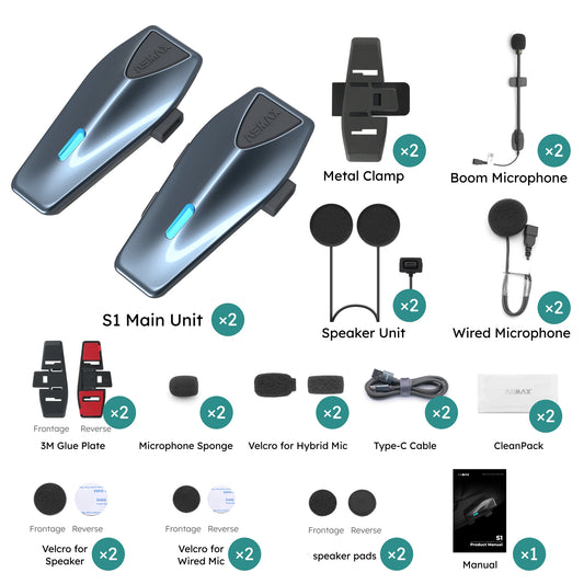 ASMAX Blue S1 Motorcycle Intercom Helmet Mesh Group Communication, Voice Control Bluetooth Headset for Snowmobile, Ski & ATV