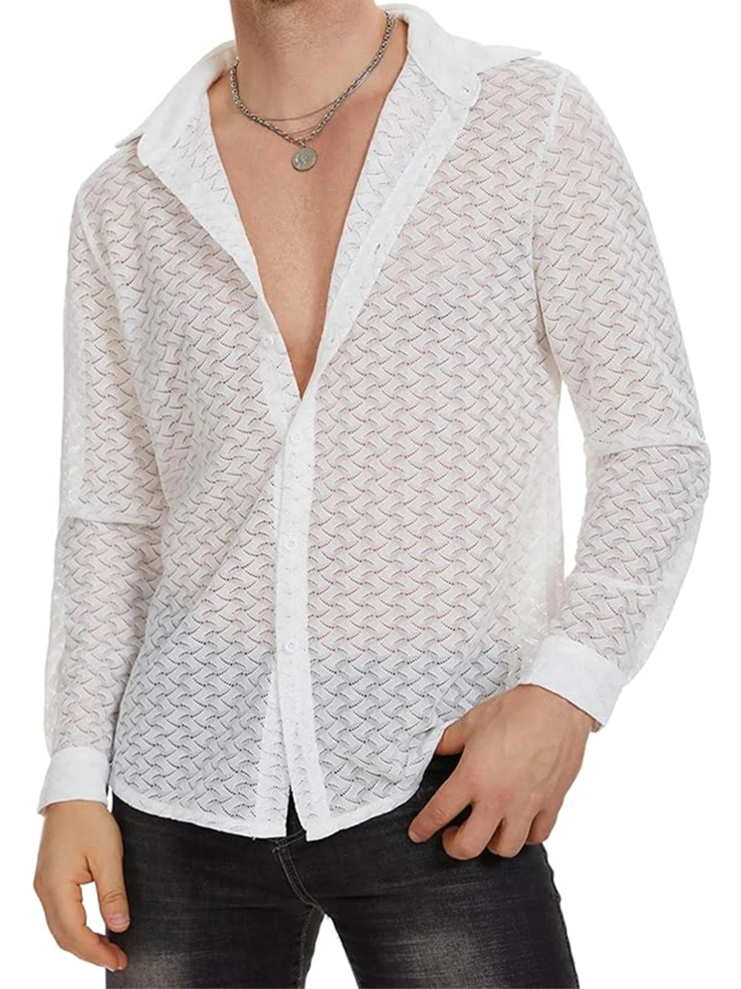 Men s Mesh Panel Shirt with Sheer Lace Detailing and Lapel Neckline Long Sleeve Button-up Top for Casual Streetwear Fashion