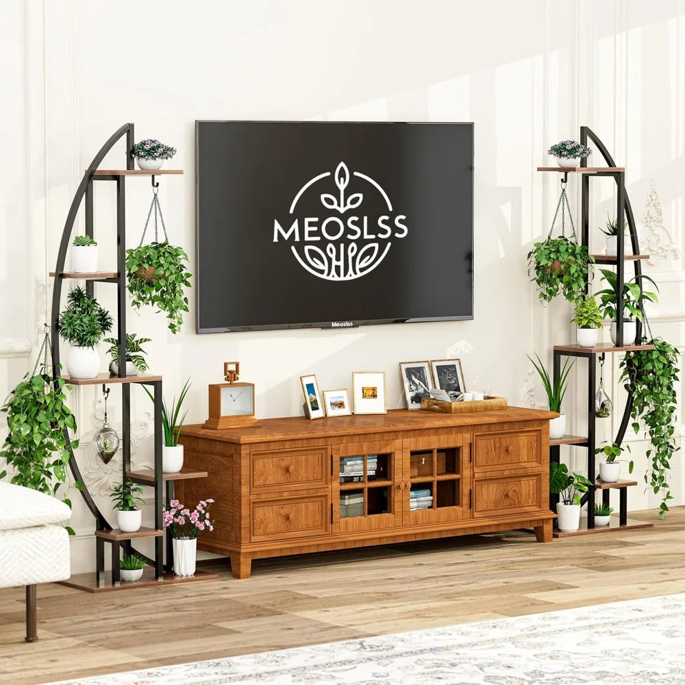 Indoor Tall Tree-Shaped Metal Plant Stand with Clearing Rack and Grow Lights