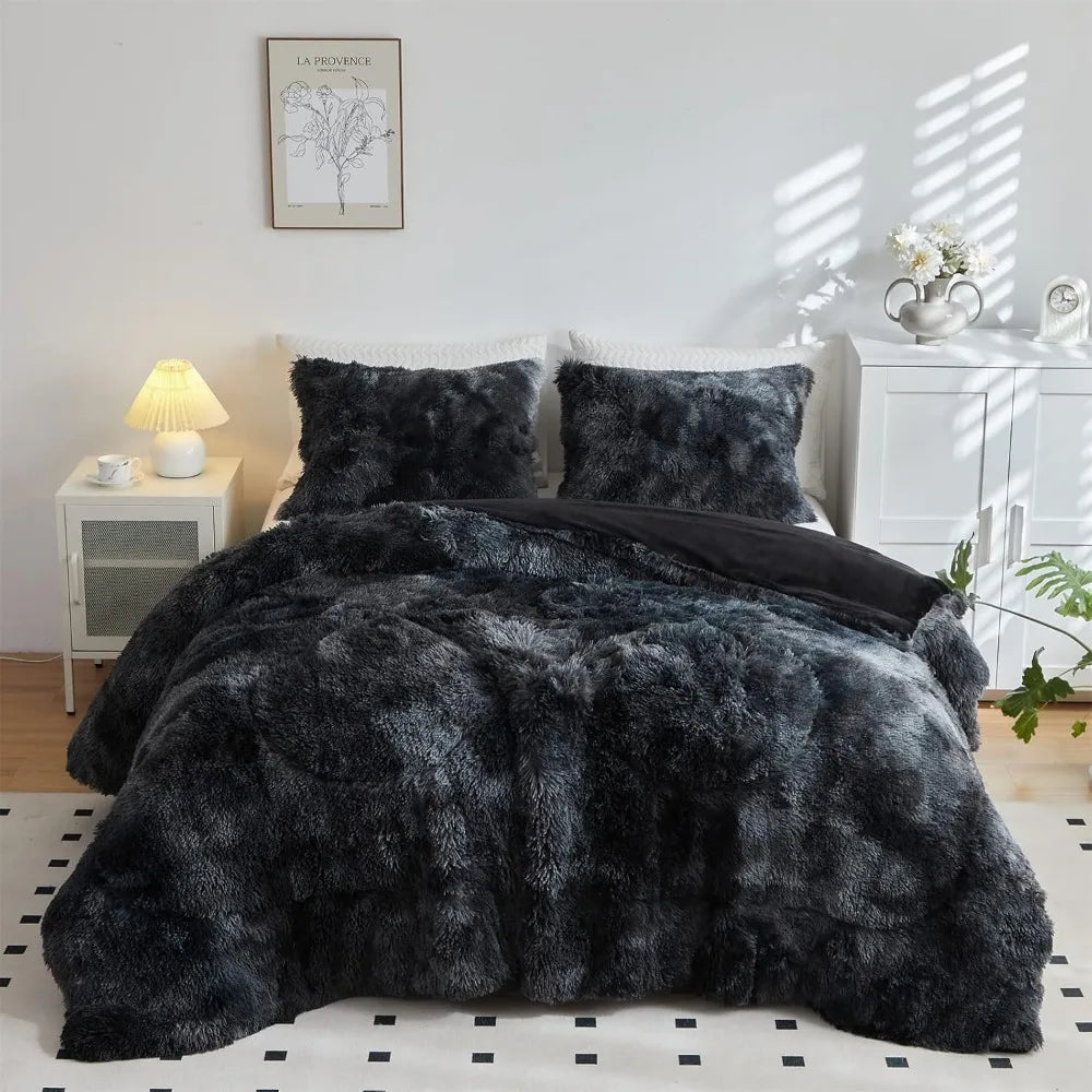 Faux Fur Plush Black Comforter Set Fluffy Fuzzy Shaggy Bedding Set - 3PC King Size Microfiber Soft Warm Quilt Set