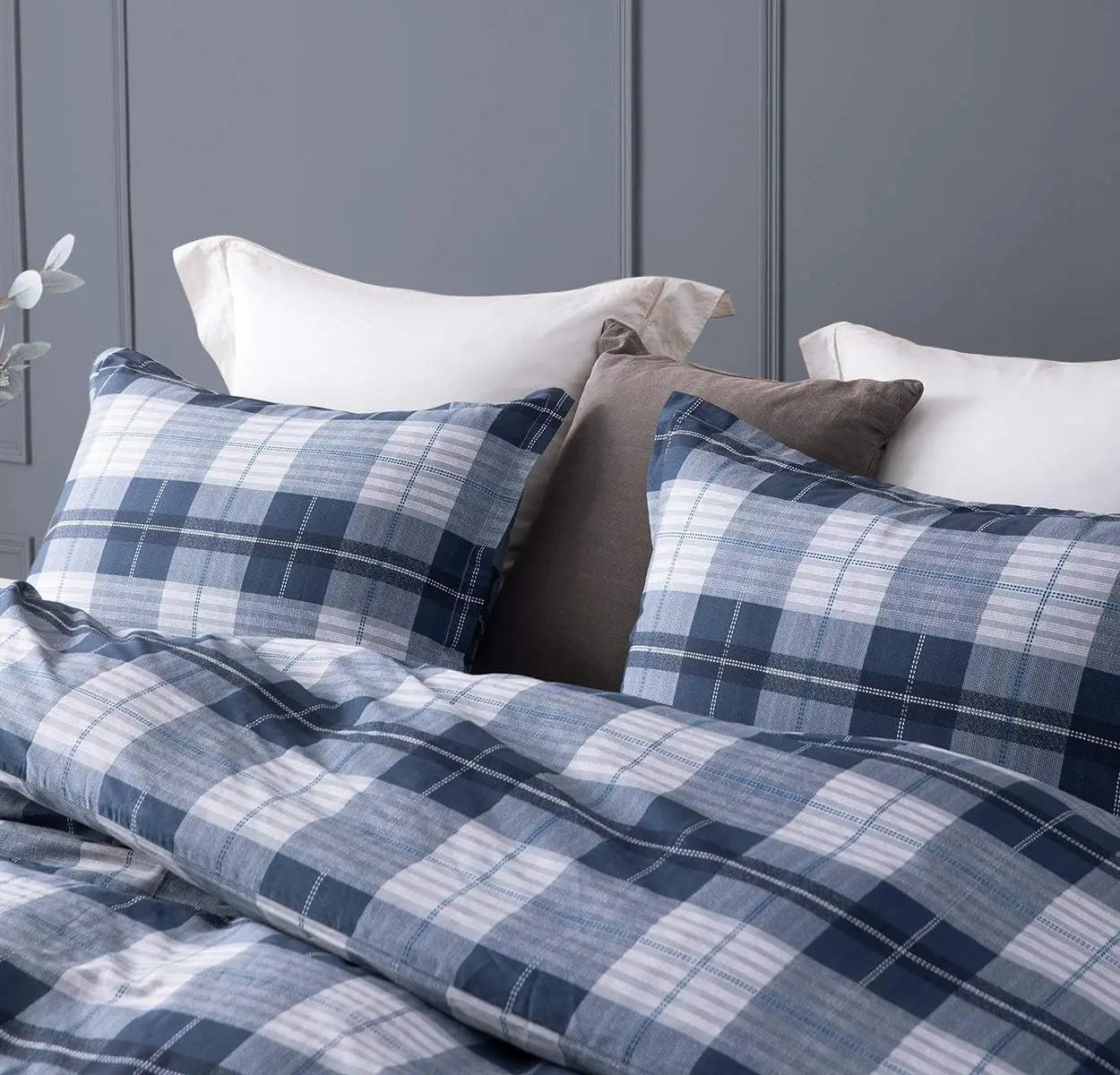 SLEEPBELLA Comforter 600 Thread Count Cotton Navy Blue & Grey Buffalo Pattern Blue Plaid Comforter Sets,Down Alternative Bedding