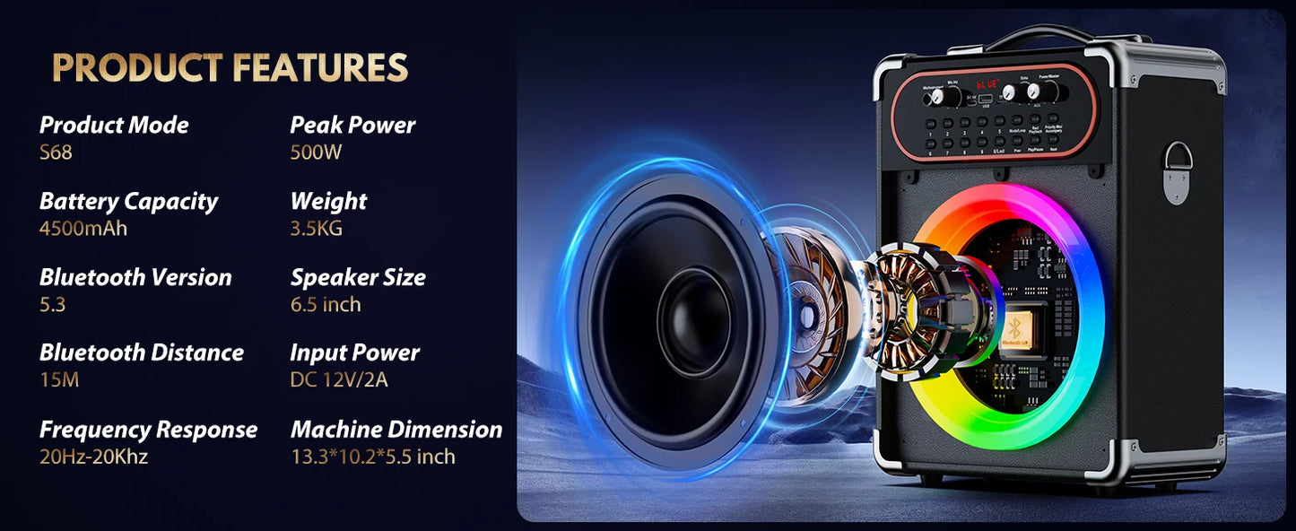 S68 Kara Ok with 2 Microphones, Portable Bluetooth 5.3 Kara Ok Speaker,Echo Adjustment, Supports Tv through Auxiliary Connection