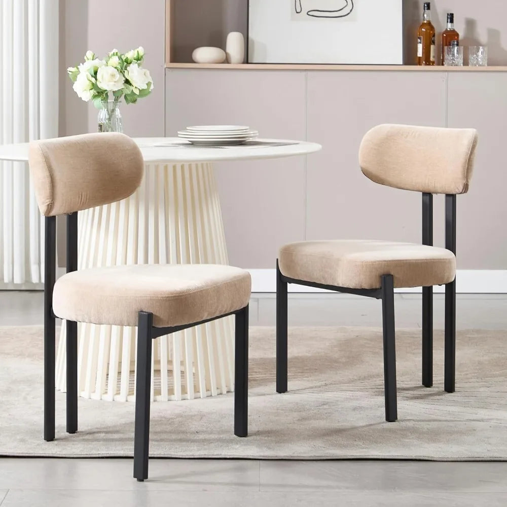 Khaki Dining Chairs Set of 2, Chenille Upholstered Kitchen Chairs with Open Back, Modern Armless Side Chairs with Metal Legs