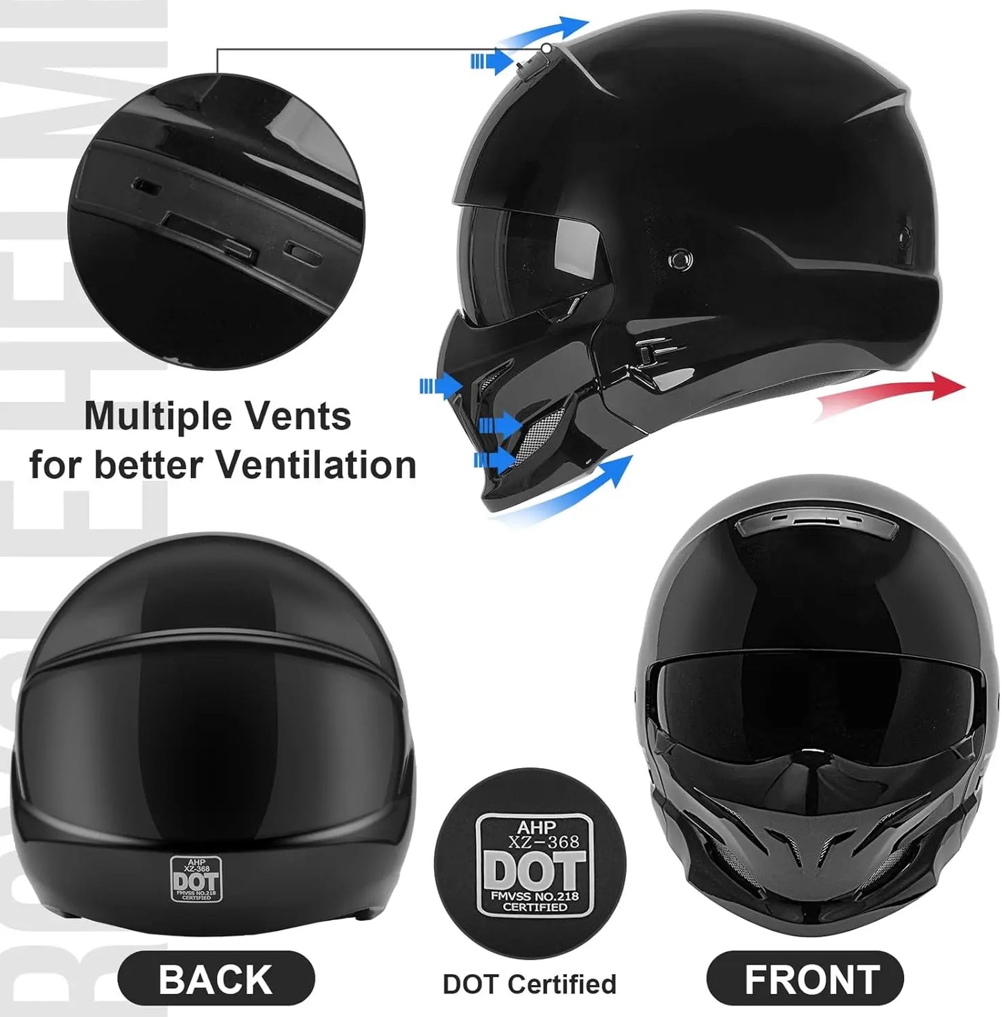 Open Face Motorcycle Helmet for Unisex-Adult Dirt Bike ATV Scooter Cruiser Full Face Motocross Helmet Interchangeable Mouth Cove