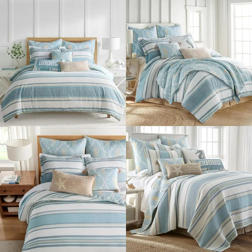 Blue Teal Taupe Striped Twin Comforter Set with Standard Pillowcase for Comfortable Sleep