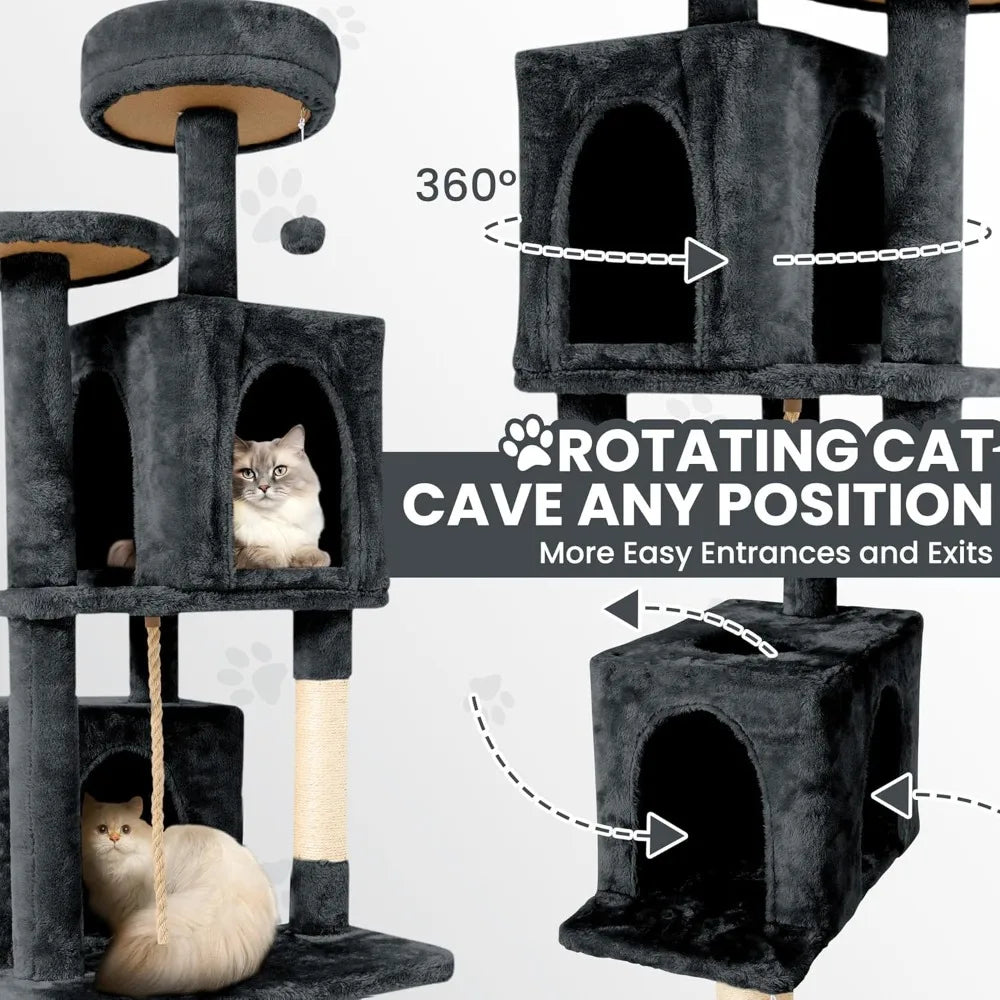 Cat Tree Tower Condo for Indoor Cats, Soft Plush Multi-Level Climbing Tree Cat House with 1 360° Rotating Cat Cave