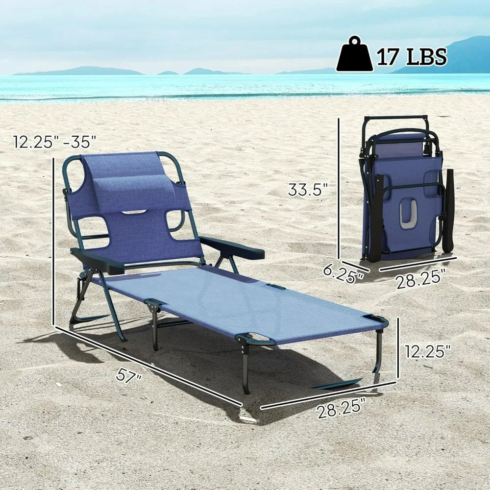 4-Position Beach Chair with Face & Arm Holes, Pillow headrest, Adjustable Sunbathing Chair, Gray
