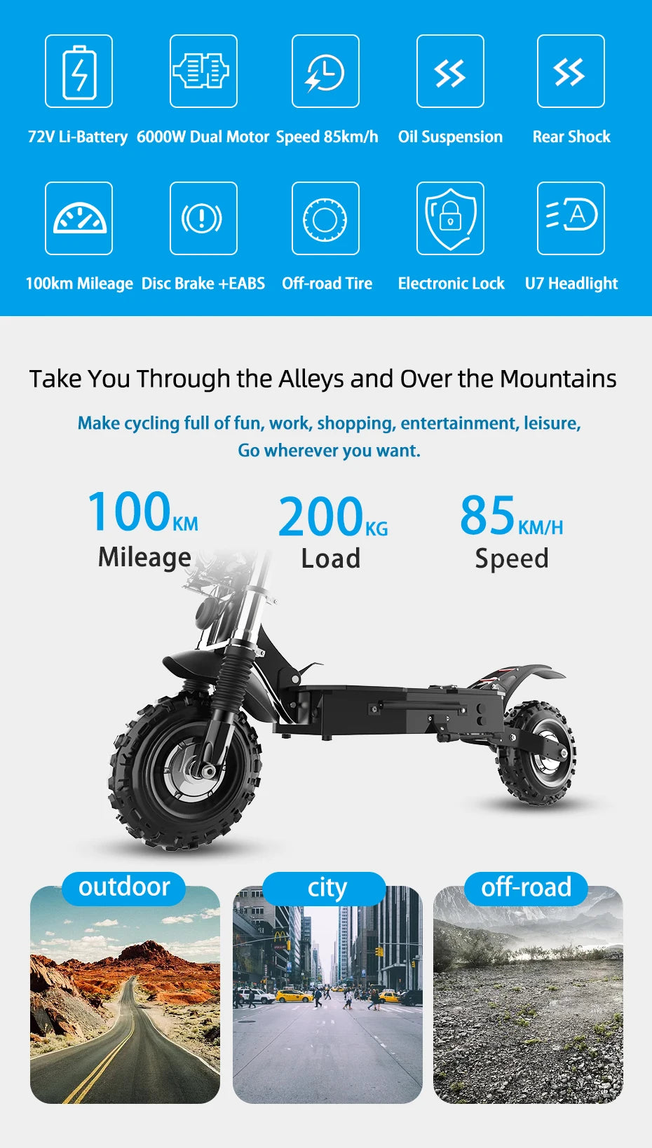 11inch Off Road Electric Scooter Dual Motor 85km/h Electric Scooter Adult 72V 6000W Powerful Electric Kick Scooter for Adults
