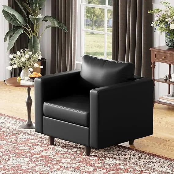 Modern Black Faux Leather Armchair with Storage, Deep Seating for Reading, Suitable for Living Room, Bedroom, or Office