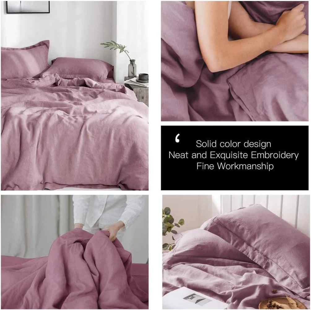 Simple&Opulence 100% Linen Bedding Set 3Pcs Washed Comforter Boho Breathable Queen King Size Duvet Cover Bed Sheet Pillow Shams