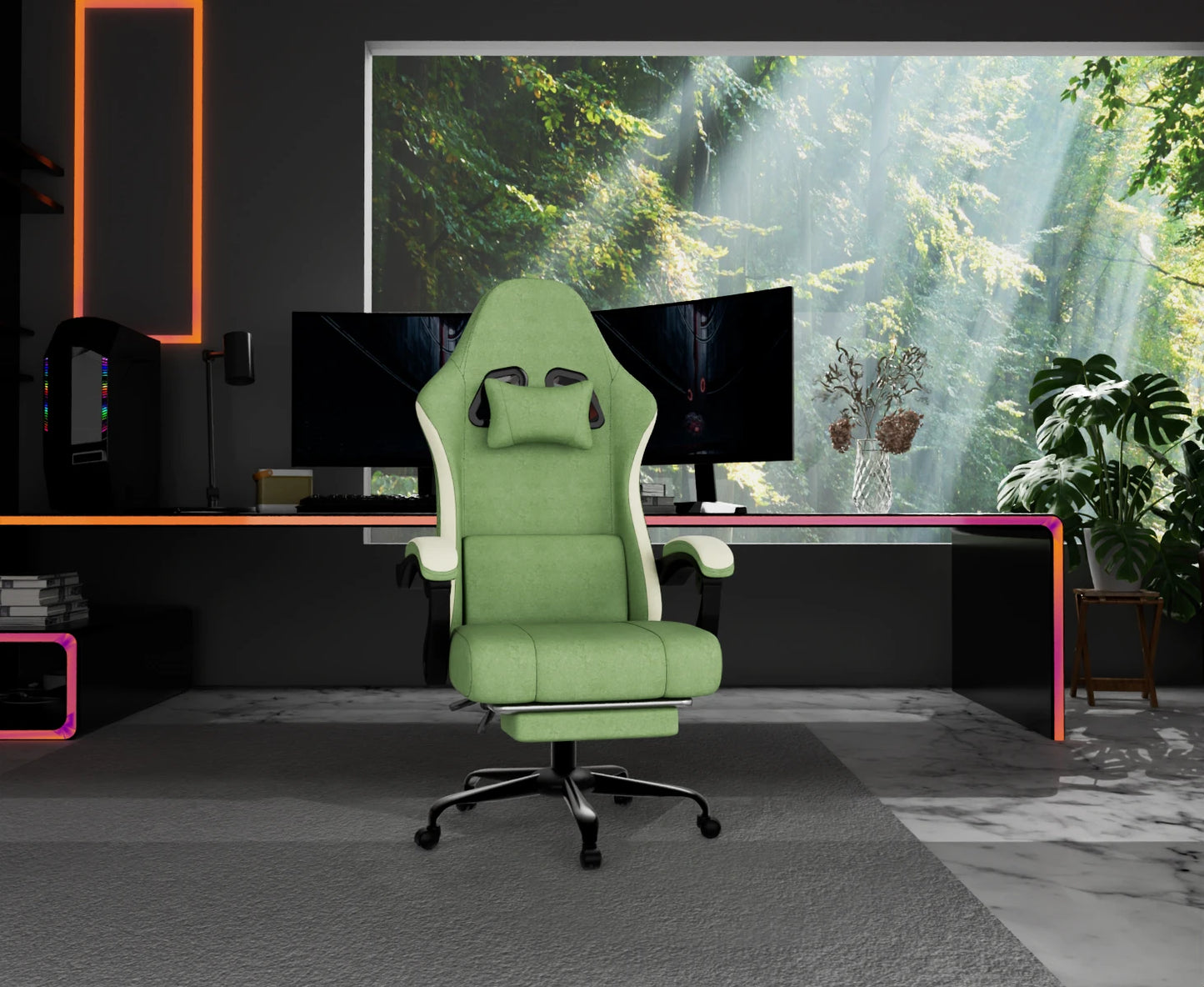 Ergonomic Gaming Chair with Pocketed Spring Cushion, Breathable Fabric Computer Chair with Footrest, Adjustable Lumbar Support V