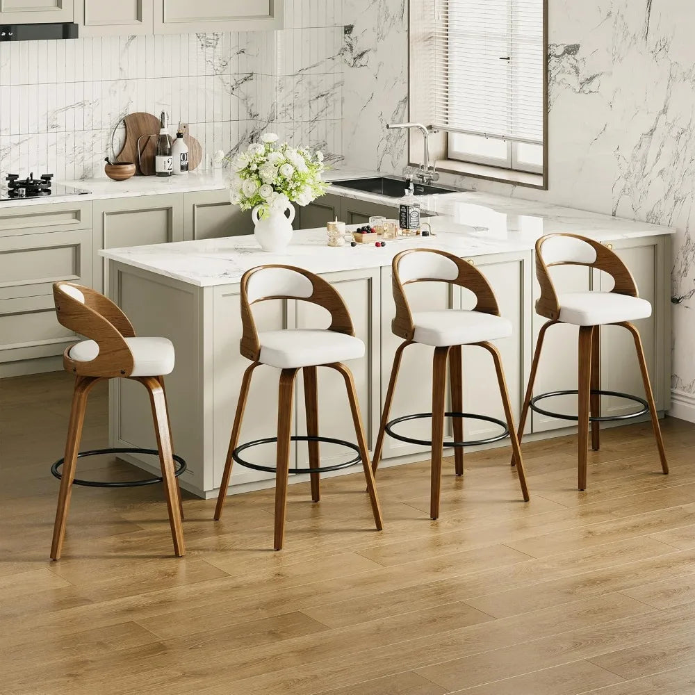Swivel Counter Height Stools Bar Chairs Faux Leather Bar Stool with Backrest & Solid Wood Legs & Wrap-Around Footrest, Counter